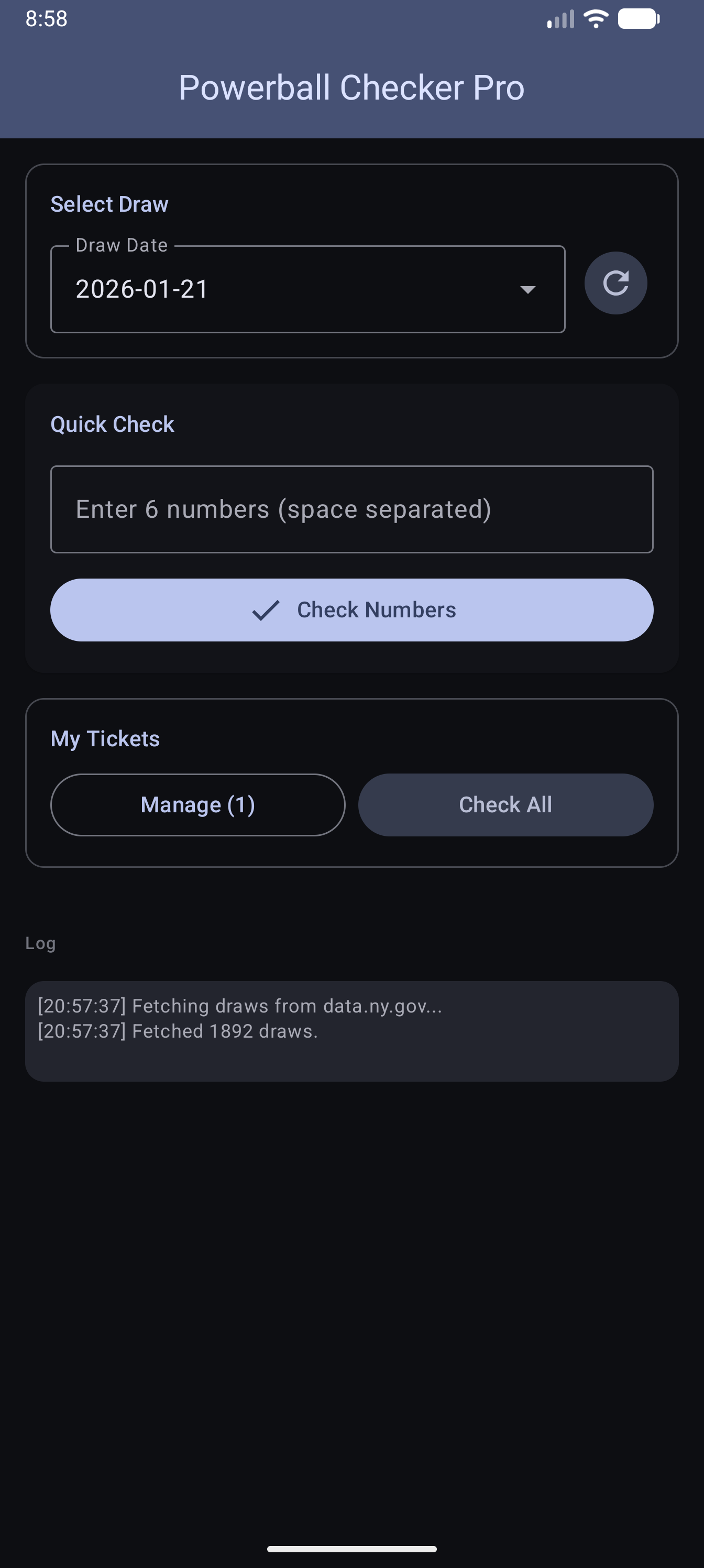 Powerball Checker Pro Main Screen