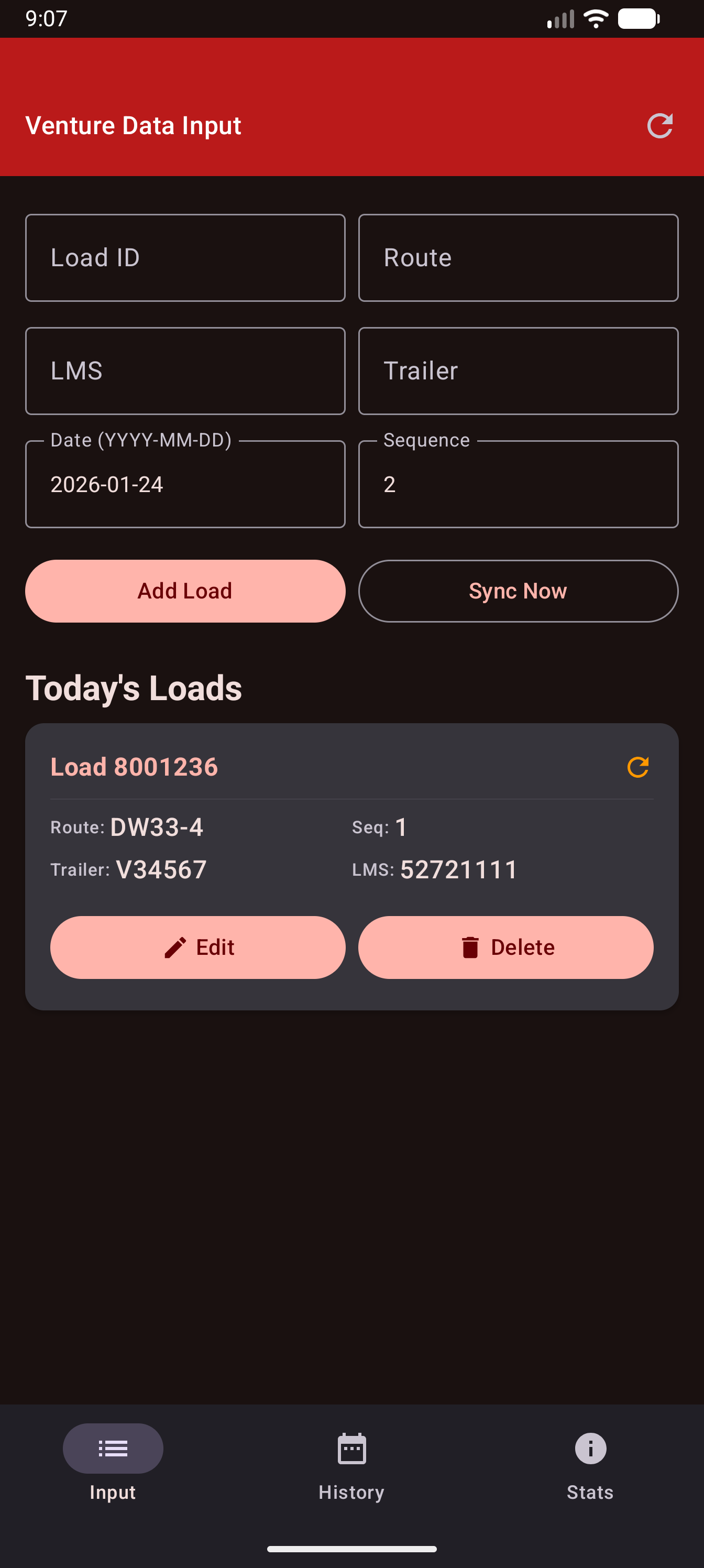Venture Data Input Load Entry